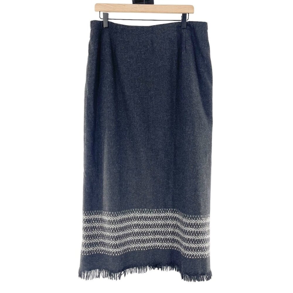 Vtg Michele Wool‎ Blend Fringe Hem Skirt 16 Gray & White Midi Western USA Fringe